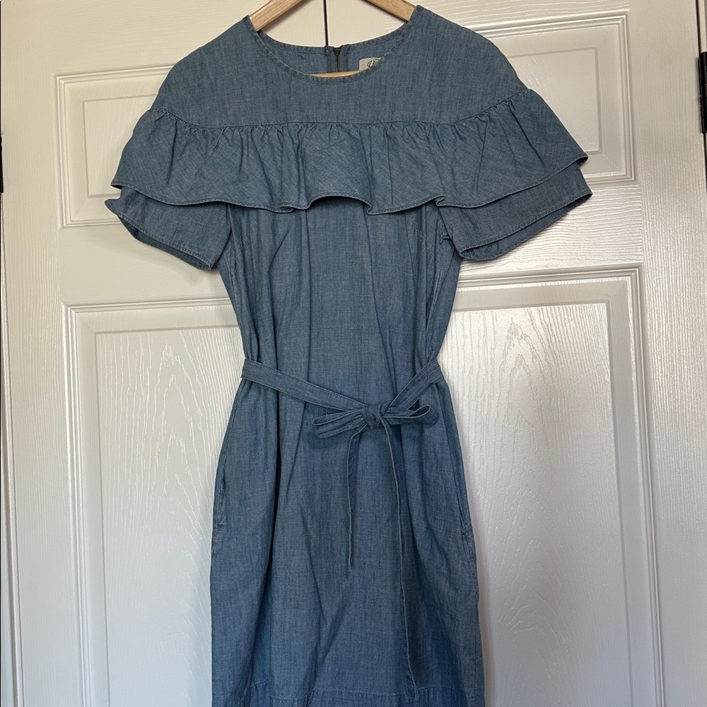 J CREW CHAMBRAY RUFFLE DENIM DRESS SIZE 4 - Picture 3 of 11